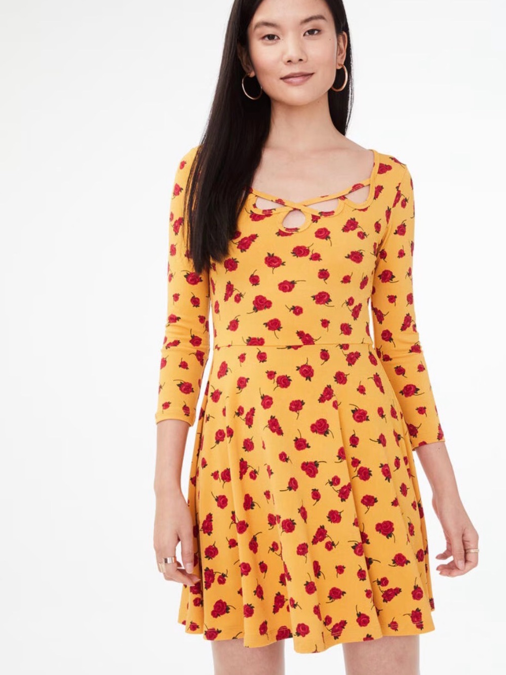 Aeropostale Yellow Fit-and-Flare Mini Dress with Red Rose Print